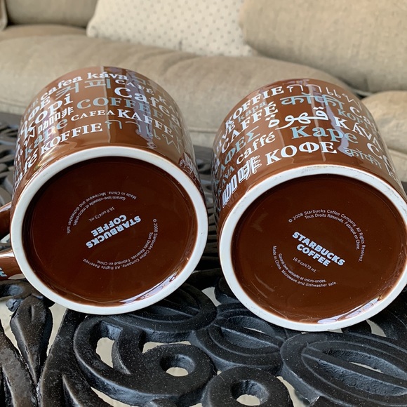 Set of Two brand NEW Starbucks mugs, brown with multiple language “coffee” motif - Picture 5 of 8